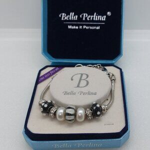 Bella Perlina Silver Tone Charm Bracelet Black & White Polka Dot Beads